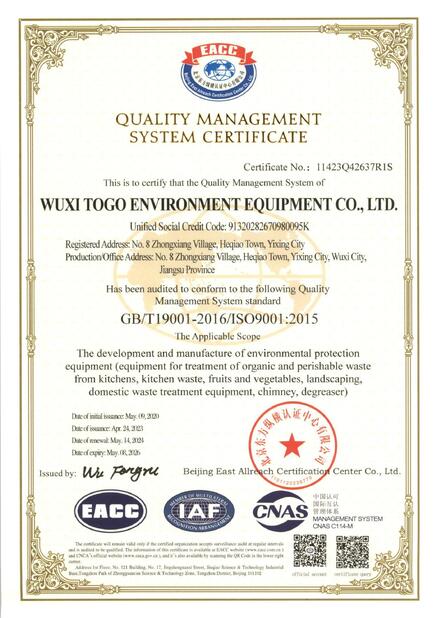 LA CHINE WuXi TOGO Environment Equipment Co., Ltd. certifications